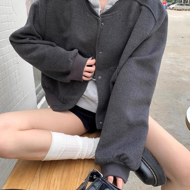 初秋外套女高级感灰色毛呢拉链棒球服气质短款夹克宽松休闲上衣潮|undefined