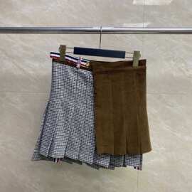 TB工厂直销秋冬新款经典格纹拼接百褶裙女士休闲舒适白搭裙子