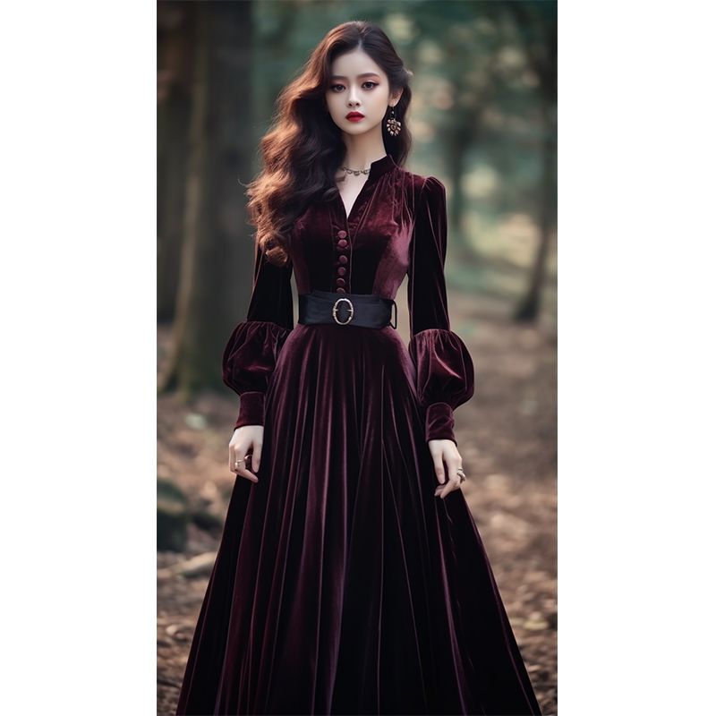 French-Style Formal Occasion Dress, Long Skirt, Super Stylish and Beautiful, Red Velvet Dress for Women, Autumn and Winter French-Style Formal Occasion Dress, Long Skirt, Super Stylish and Beautiful, Red Velvet Dress for Women, Autumn and Winter