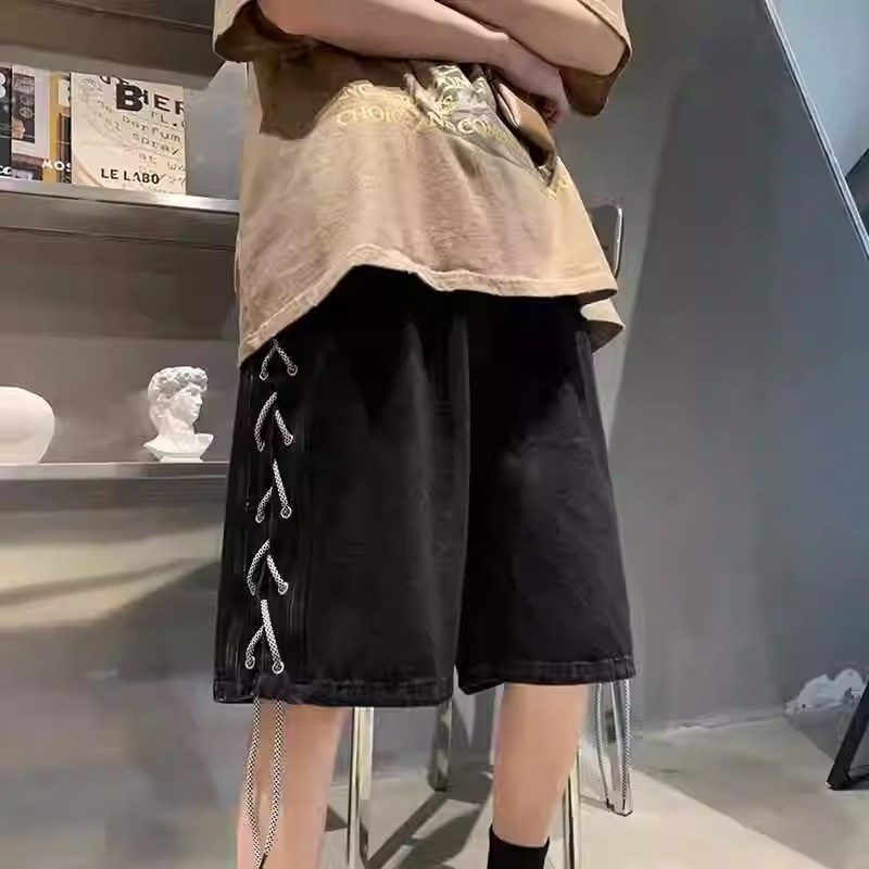 侧边编绳牛仔短裤男夏季美式设计感五分裤潮牌ins宽松运动篮球裤
