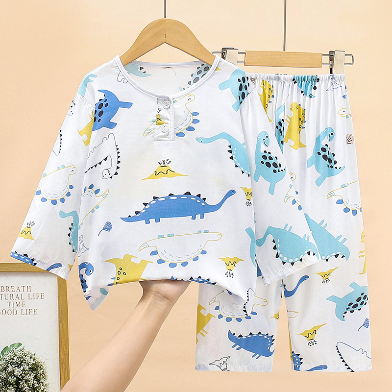 Summer children's cotton pajamas thin boys and girls baby long sleeve cotton silk air conditioning home clothes a generation of hair