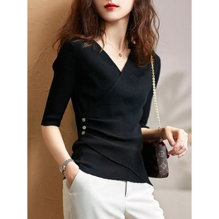 Mid-Sleeve Gentle Royal Sister Light Mature Style V-Neck Slim-Fit Interior High-End Top European Fashionable Base Knit Sweater