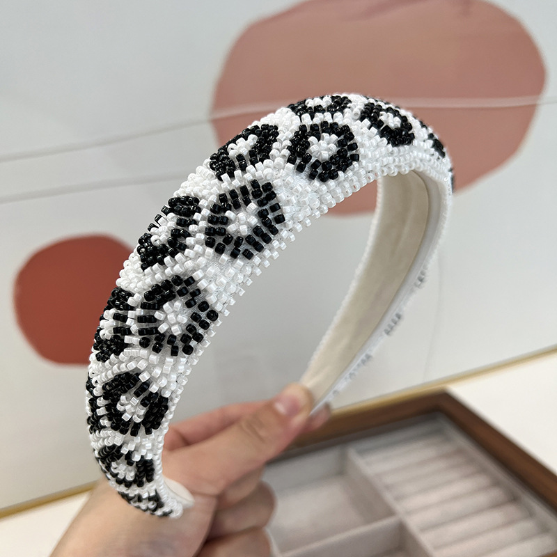 White leopard print rice beads 3cm sponge headband