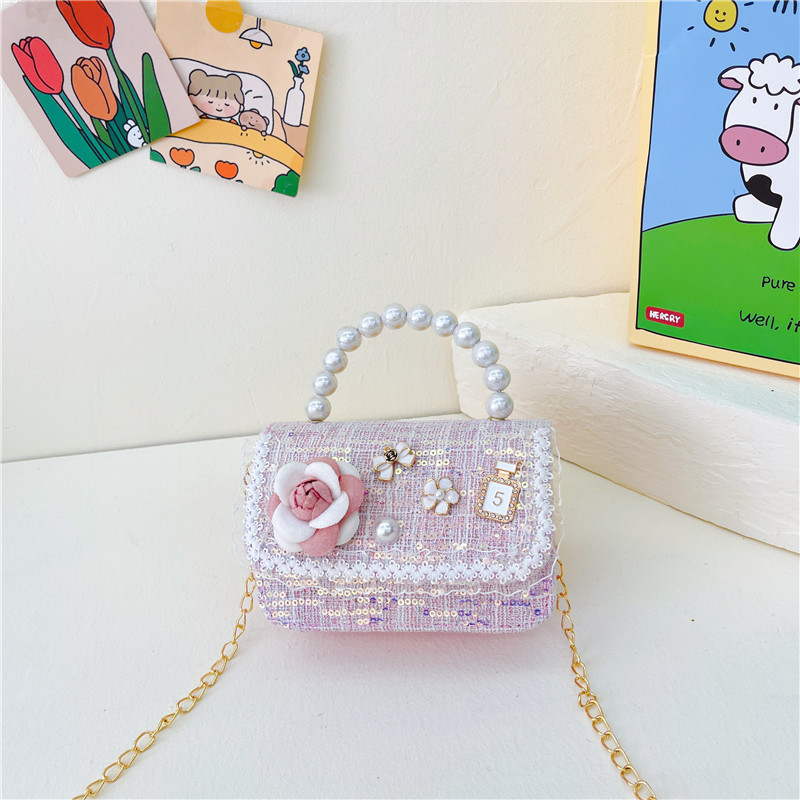 Bolsos infantiles princesa pequeña cadena de viento bolsa de perlas accesorios bolsos de mano niños de moda lindos bolsos de hombro de flores chicas