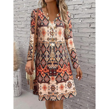 N 71436 Geometric Print V-neck Dress ����ӡ�� V ���г�ȹ