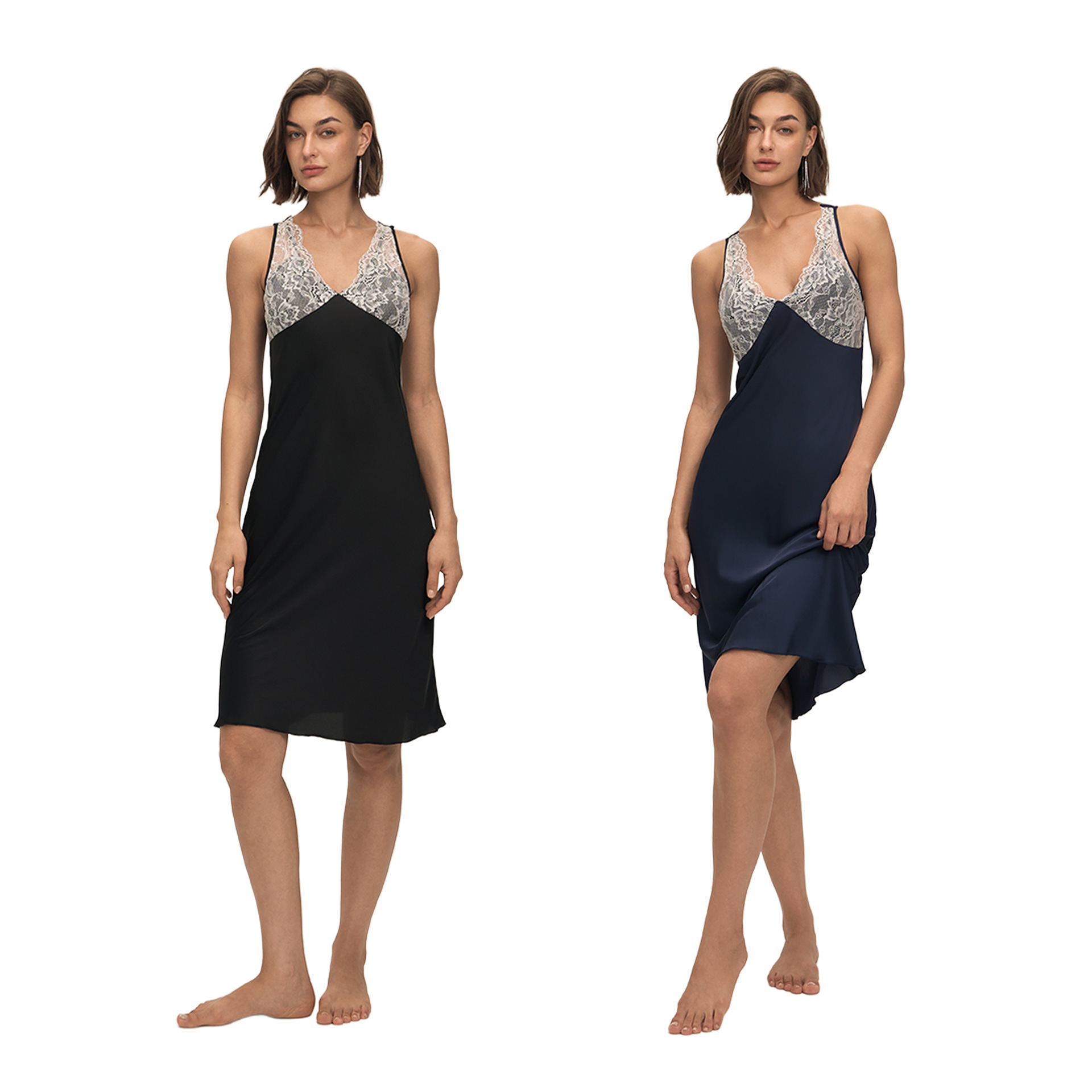 Nuevo estilo transfronterizo de encaje sexy de Europa y América, pijamas delgados de satén de chifón de color sólido, ropa para el hogar CQ3921