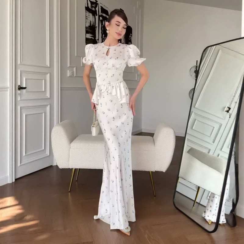 2026 Spring and Autumn New European and American Style Women's Short Sleeve Waist-Cinched Long Dress with Round Neck and Ruffled Hem