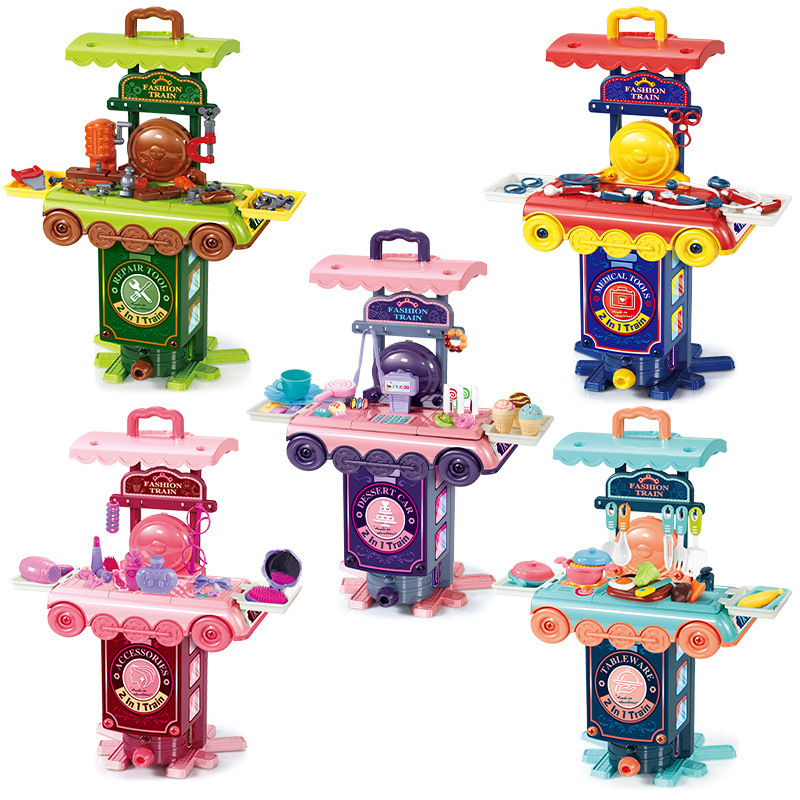 Comercio exterior para niños simulación de tren en casa cocina cubiertos de tocador herramientas de joyería juego de postres juguetes médicos