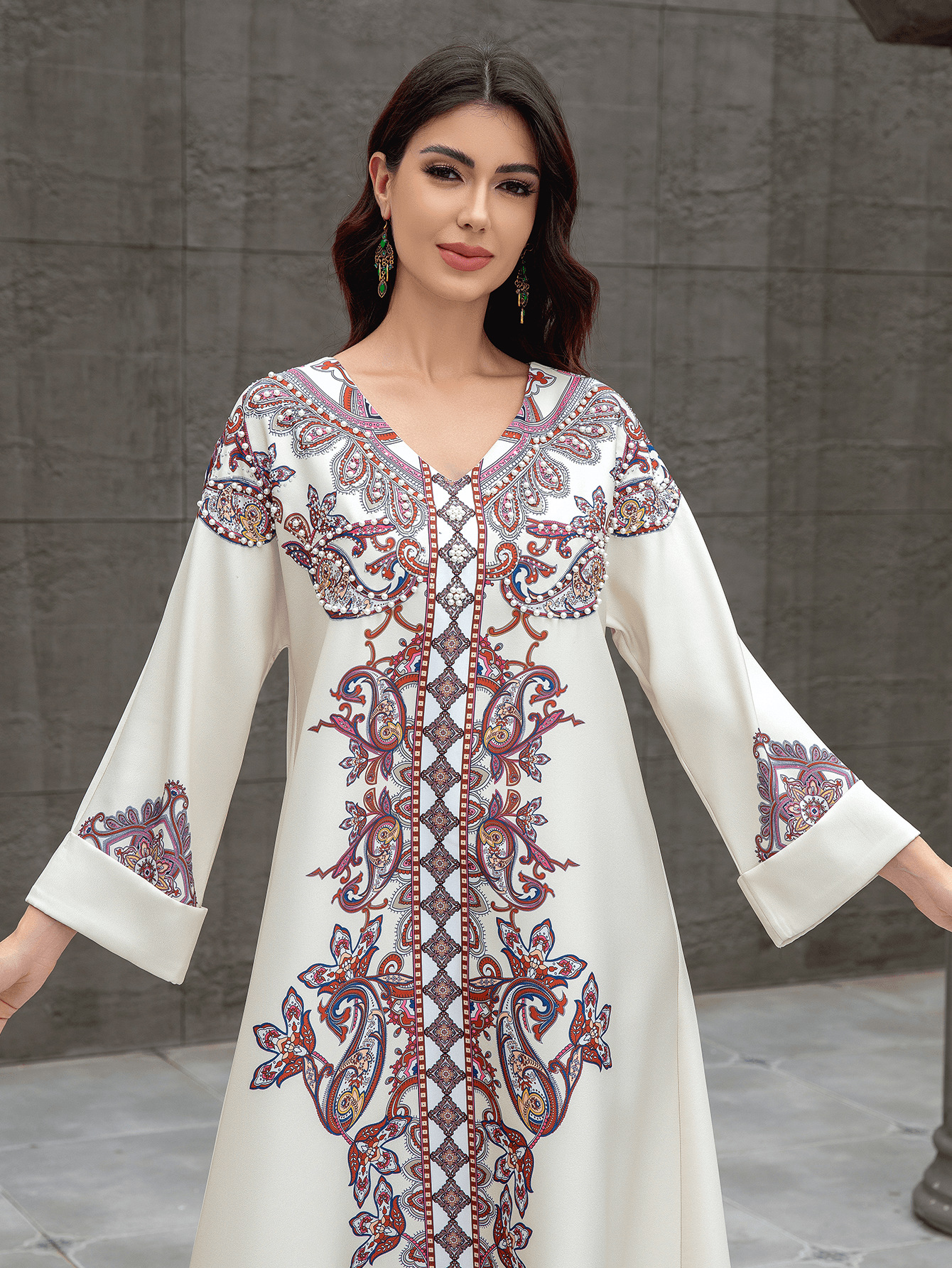 SW0826 Middle Eastern Cross-Border Muslim Women's Robe Elegant Printed Beaded Dress Dubai Foreign Trade Abaya_ecoleips.com