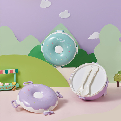 Donut new product children's portable lunch box creative compartmented lunch box with lid including spoon and fork cute girl's lunch box