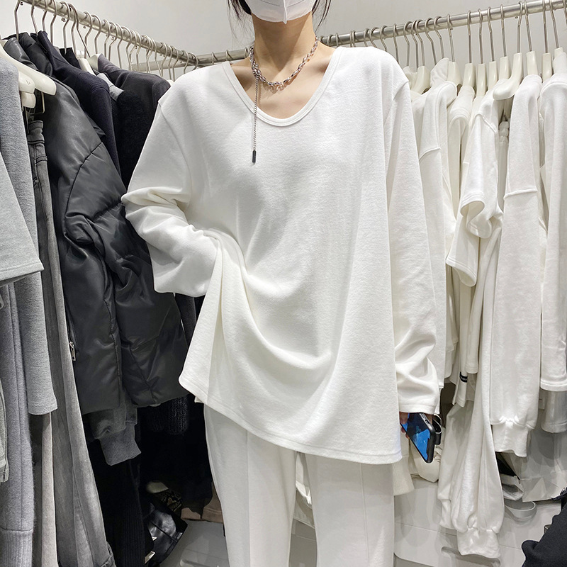 White Base Shirt for Women, Loose Fit, Stylish Split Hem T-Shirt Top, 2025 Autumn and Winter New Style, Pure Cotton, V-Neck, Long Sleeves