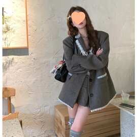 感西装外套女新款穿搭大衣西服复古气质小众秋季潮拼接蝴蝶结松弛