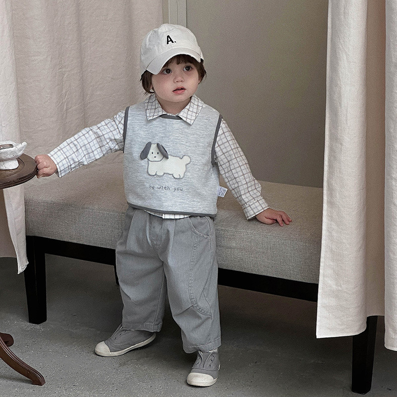 男宝套装2025秋季新款婴幼儿卡通马甲上衣男童格子衬衫两件套 a类