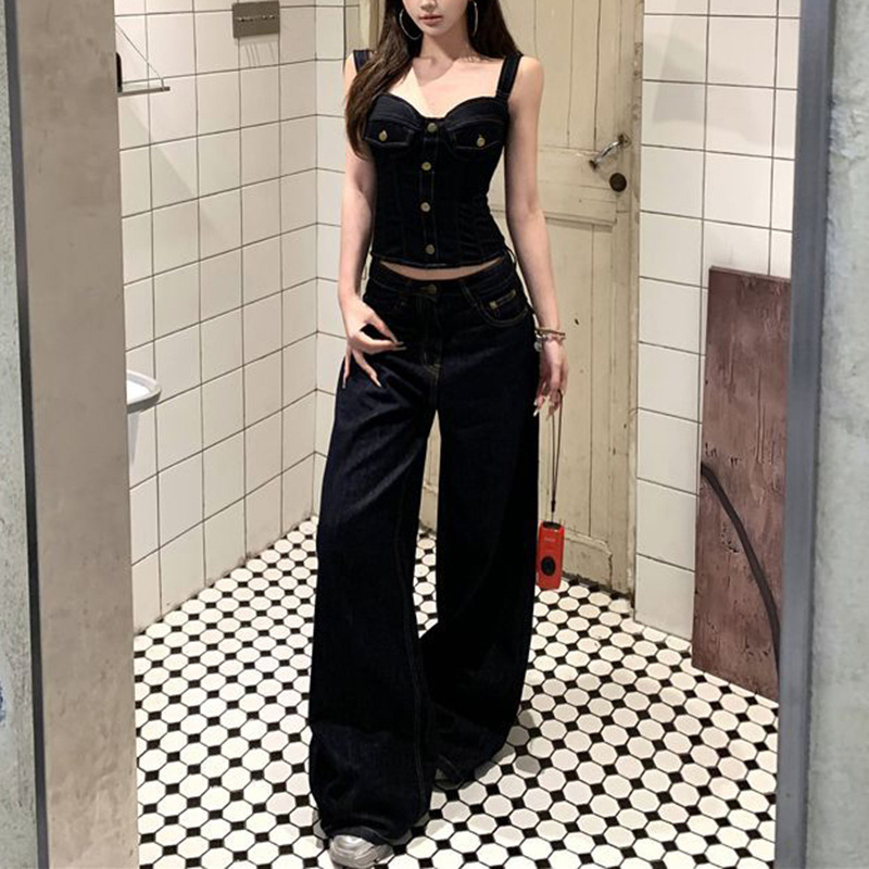 American Retro Design Denim Suit for Women Summer Button Slim Camisole Long Wide Leg Pants Two-Piece Set
