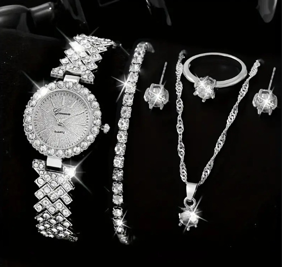 Watch set niche fashion all match steel watch earrings necklace bracelet ring watch set_voghion.com