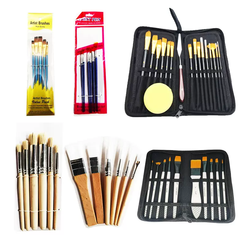 亚马逊跨境 6 12 15 支油画笔套装珠光蓝杆尼龙毛水彩水粉笔刷