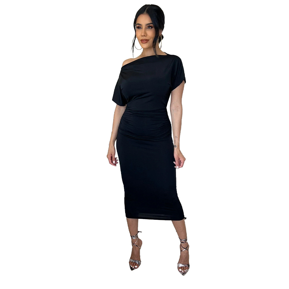 Women Clothing Popular Solid Color Pleated Slim-Fit Oblique Shoulder Dress 21 Women Clothing Popular Solid Color Pleated Slim-Fit Oblique Shoulder Dress