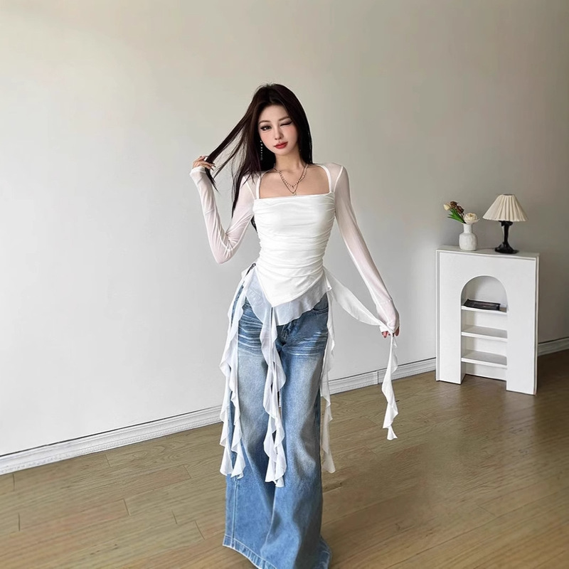 Hot Girl Style Fairy Fluttering Ruffled Square Collar Slimming Long Sleeve T-Shirt Women's Mesh Pure Sexy Design Top