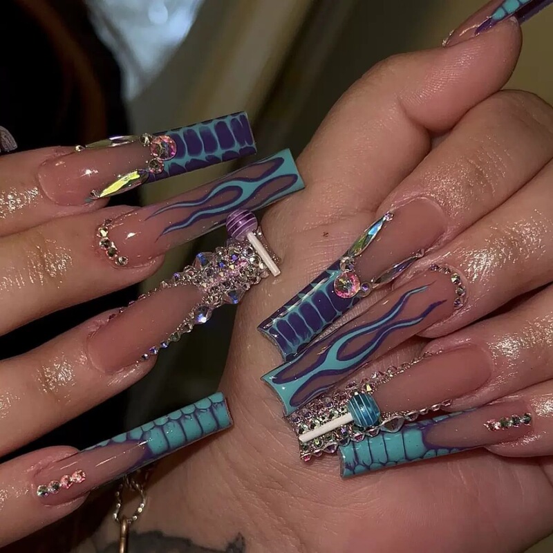 French-Style Press-On Nails Wholesale Cross-Border Popular Sparkling Diamond Nail Art Finished Nail Pieces Water Pipe-Shaped Rectangular Fake Nails