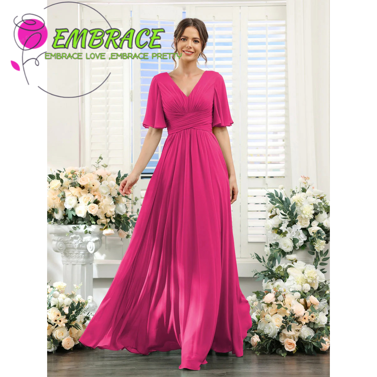 Verano nuevo vestido de noche de chiffon europeo y americano V-collar mangas mariposa novia vestido de damas de honor anfitriona de la fiesta vestido largo