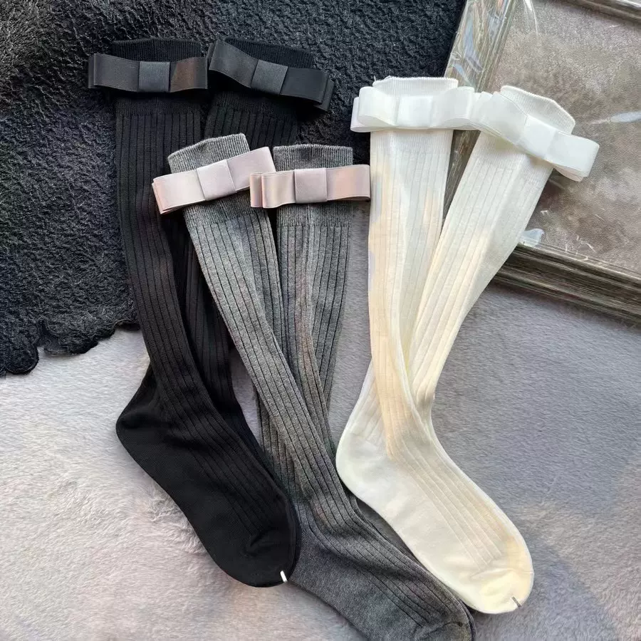 璟美小腿袜灰色竖条纹显瘦百搭蝴蝶结走秀款中筒堆堆袜中筒袜日系