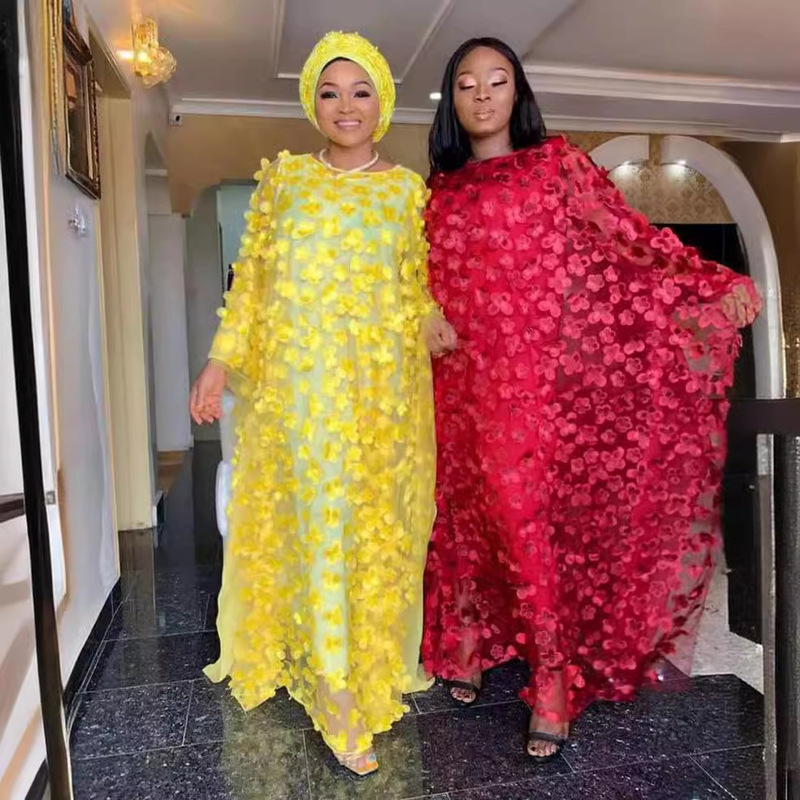 African Women's Dress Three-dimensional Embroidered Flower Mesh Round Neck Bat Sleeve Loose Large Size Robe + Vest Long Dress