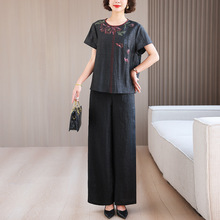 香云纱短袖T恤女2025新款高端经典圆领夏季中年妈妈装桑蚕丝套装