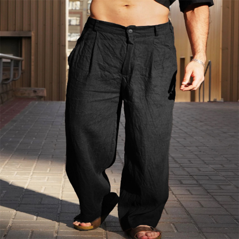 Men's spring and summer linen pleated wide leg pants mid-waist breathable jogging pants,