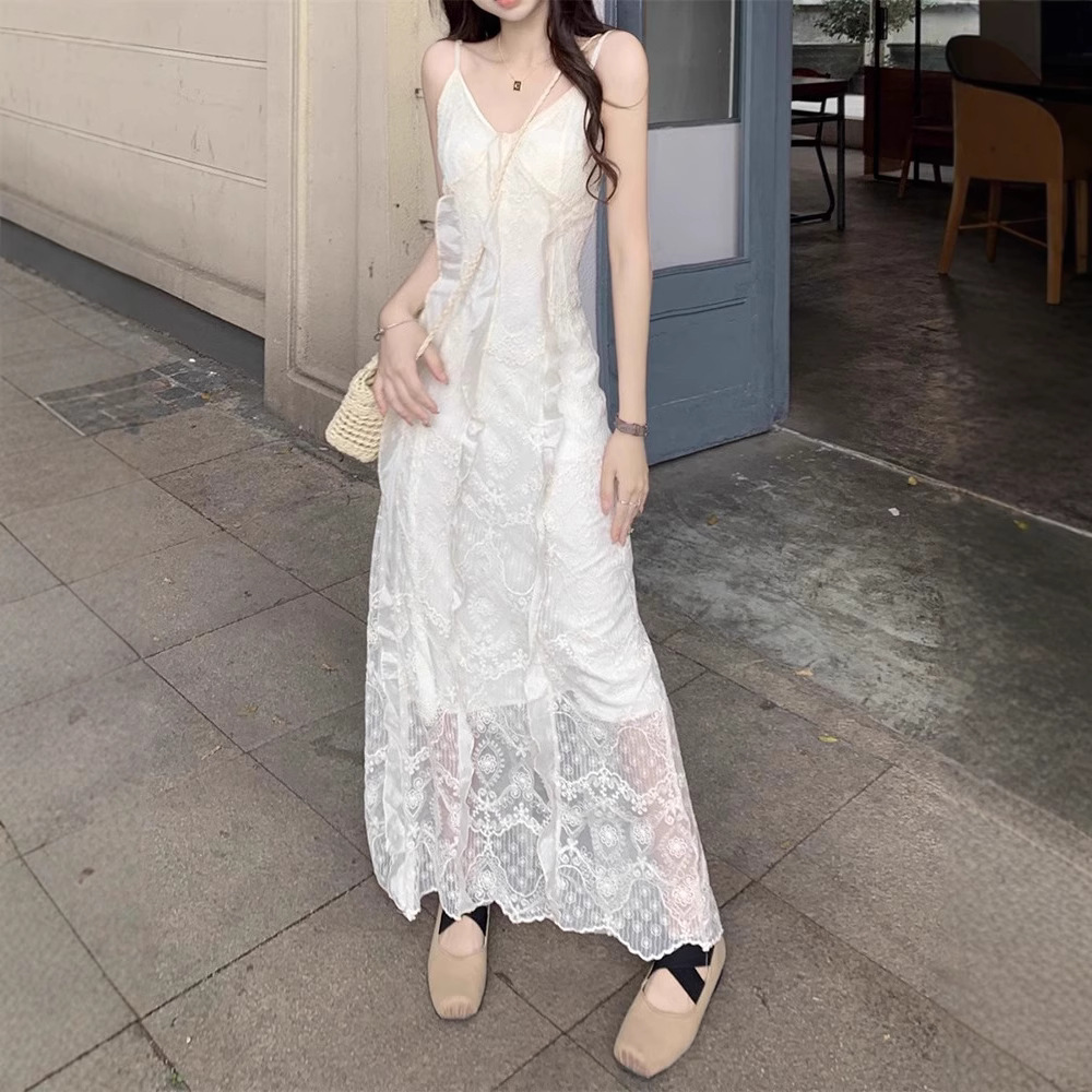 V-Neck 레이스 슬링 원피스 여성 여름 해변 휴가 사진 비치 스커트 프랑스 스타일 우아한 웨이스트 원피스