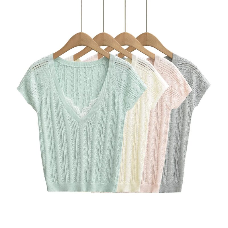 Solid Color V-Neck Lace Patchwork Short-Sleeve Knit T-Shirt for Women, Summer Slim-Fit Pure White Stretchy Short V-Neck Top Solid Color V-Neck Lace Patchwork Short-Sleeve Knit T-Shirt for Women, Summer Slim-Fit Pure White Stretchy Short V-Neck Top