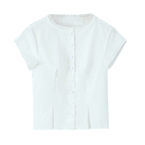 2025 New Sweet Lace Unique Short-Sleeve One-Button Short Top Retro Fitted Mini Shirt