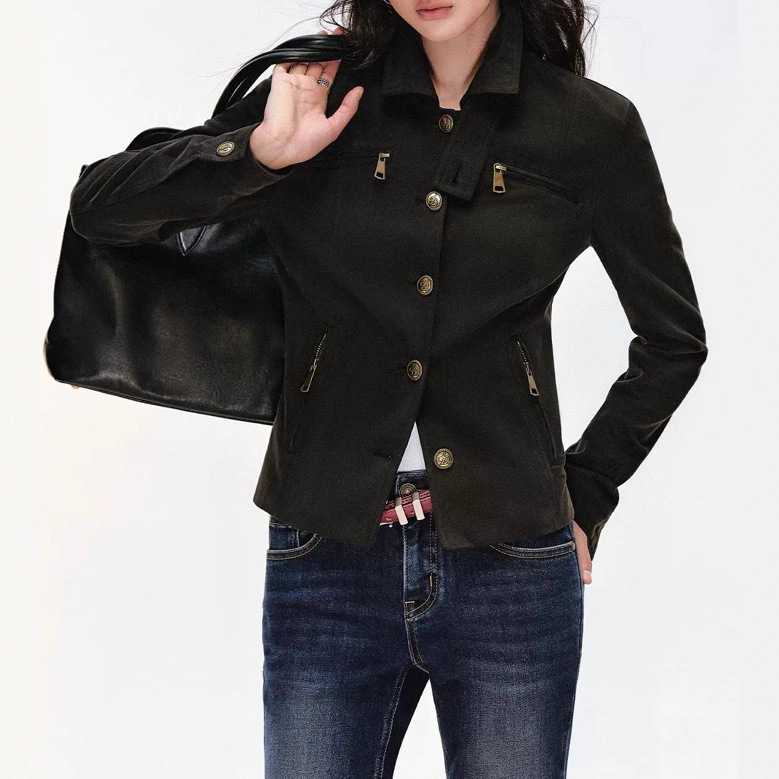 Andyet Ad1 Stand Collar Slim Retro Jacket Intellectual Right Shoulder Elegant Jacket Waist Slimming Look Short Top
