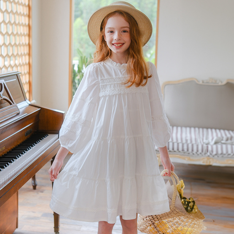 Girls' Spring/Summer Lace Princess Dress for Middle and Large Children, Korean Style Long-Sleeved White Dress, Cross-Border Children's Clothing Dropshipping