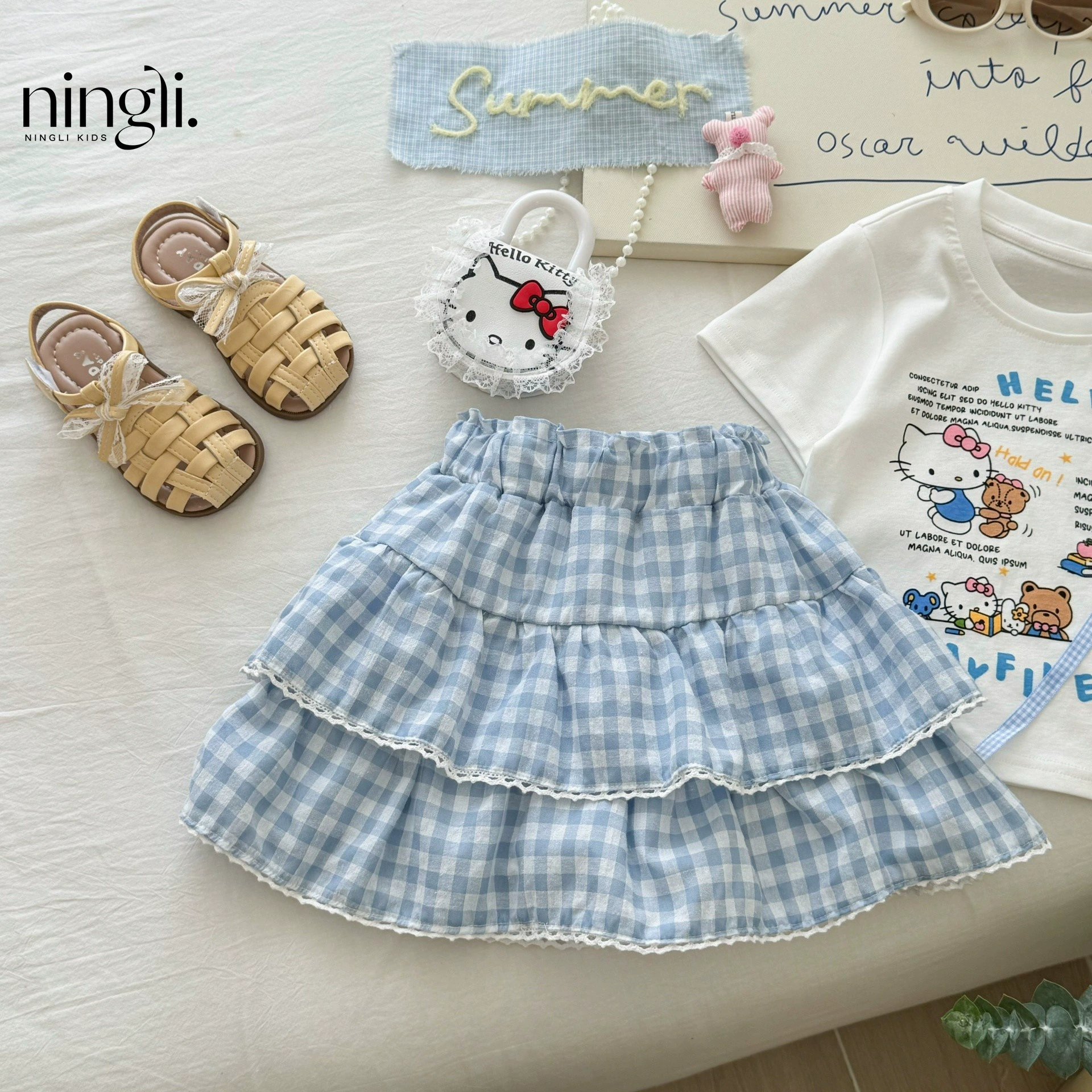 柠里 Cartoon mini-skirt, summer children's T-shirt, cute plaid skirt, set