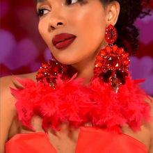 速卖通热销花朵水钻耳环波西米亚风复古红色羽毛耳环舞台表演耳饰