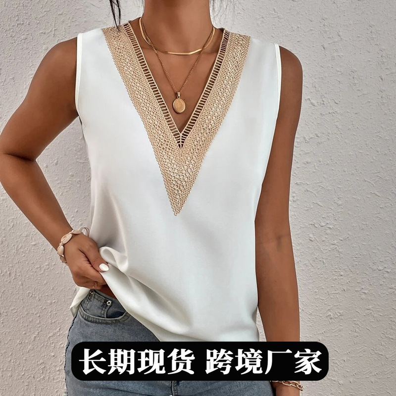 Cross-Border Women's Lace Satin Shirt 2026 Spring/Summer New Style Wish Amazon Ebay Loose Top Shirt