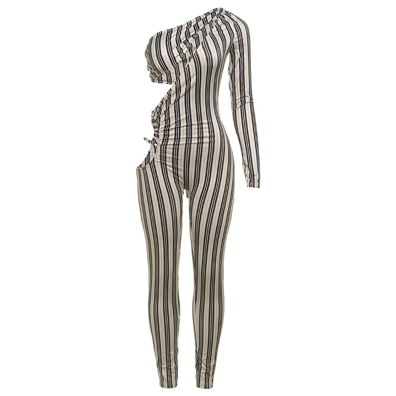 Winter Women Clothing Sexy Hollow Out Cutout Sexy Striped Tight One Piece Trousers
