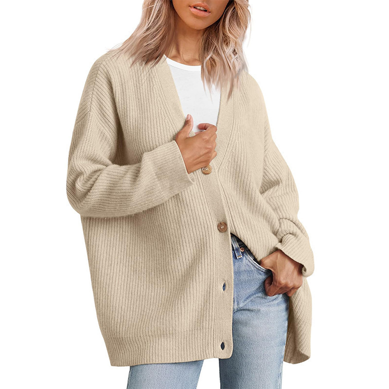 Aliexpress European and American Style Simple Versatile Knitted Cross-Border Women's Clothing Amazon Button V-Neck Solid Color Sweater for Women