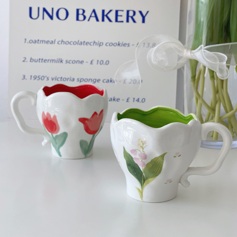 Goods!Hand Squeeze Cup Style Retro Girly Heart Ceramic Cup Korean Hand-painted Breakfast Milk Coffee Cup