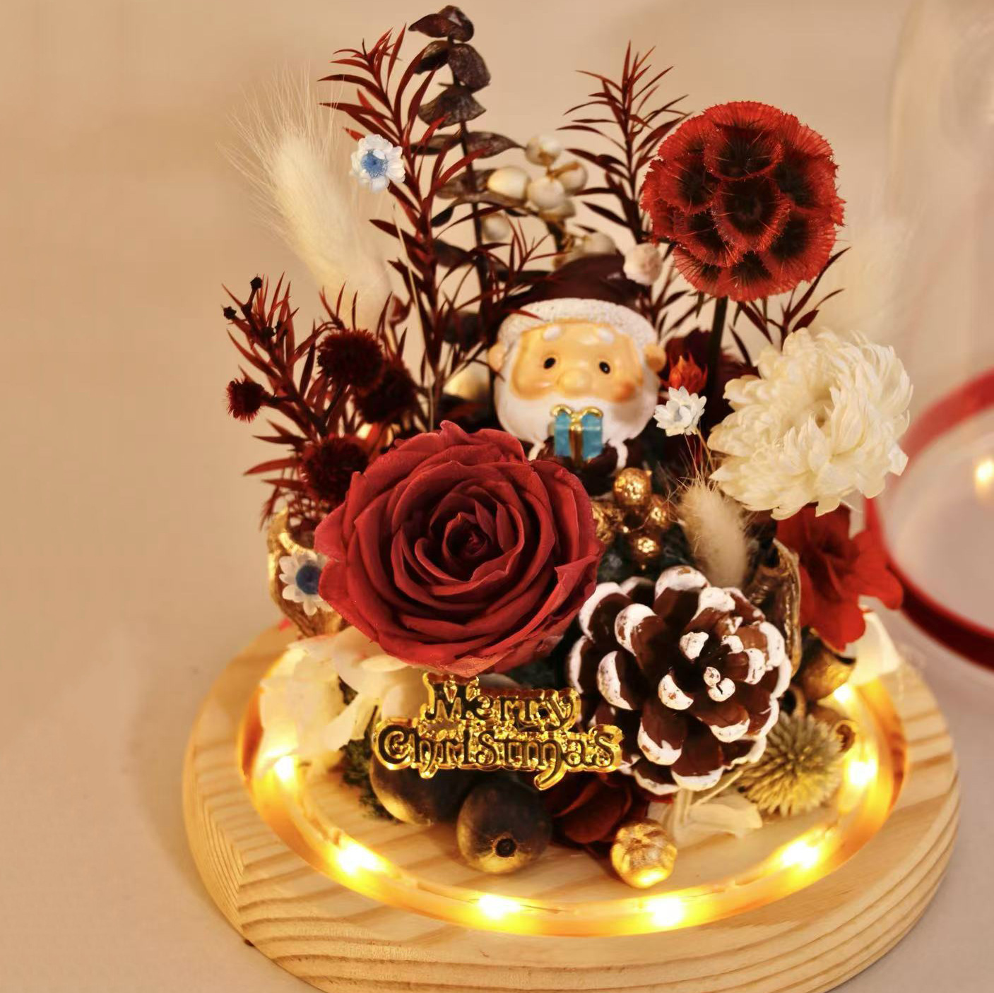 圣诞老人摆台永生花玫瑰材料包DIY手工真花装饰摆件批发花盒