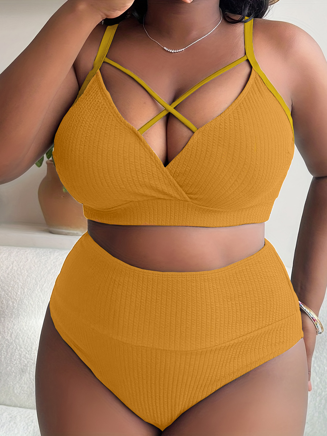 New European And American Foreign Trade Sexy Solid Color High-Waisted Bikini Swimsuit For Plus-Size Women P005_ecoleips.com