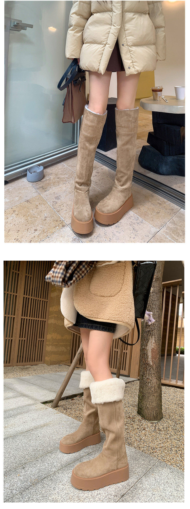 Boot nữ cổ cao lông cừu ấm áp đế dày tăng chiều cao — màu đen chi tiết 13