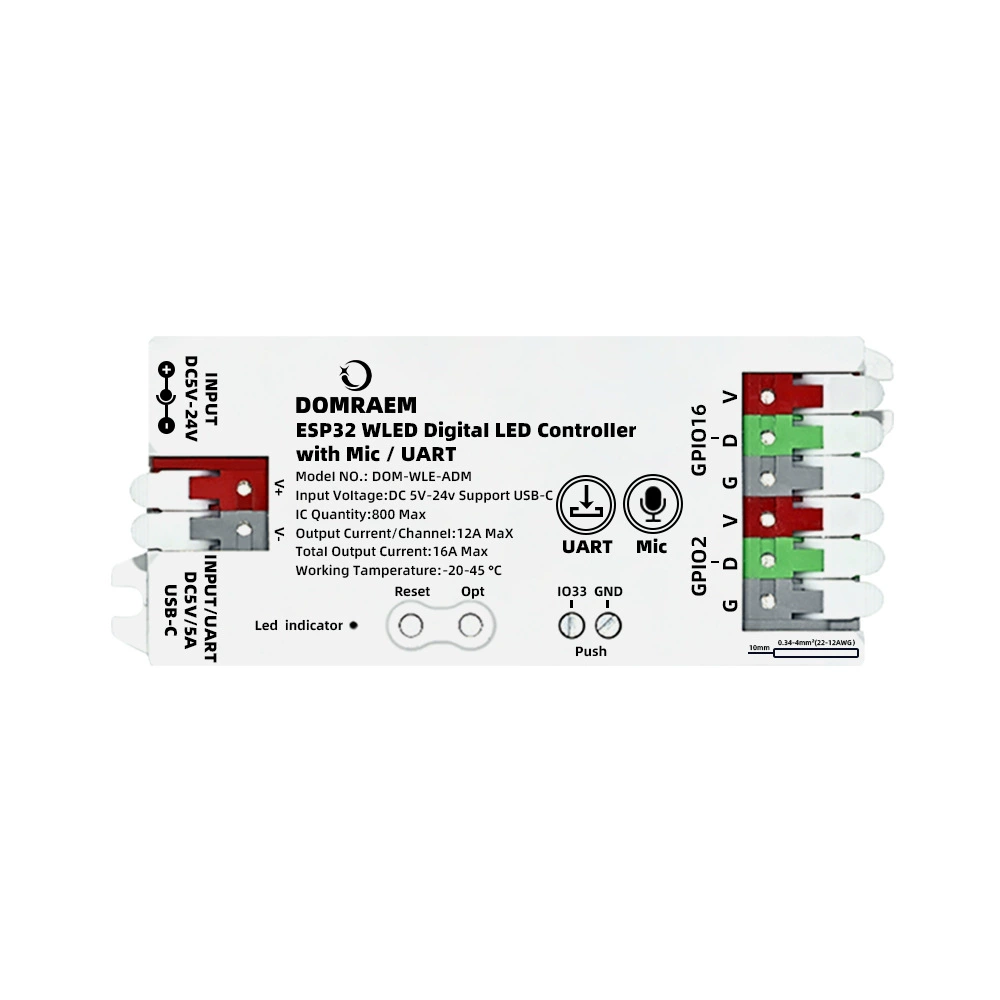 Контроллер Dingyun Technology на ESP32 с микрофоном, питание Type-C, SPI адресуемая лента WS2811, интеллектуальное затемнение
