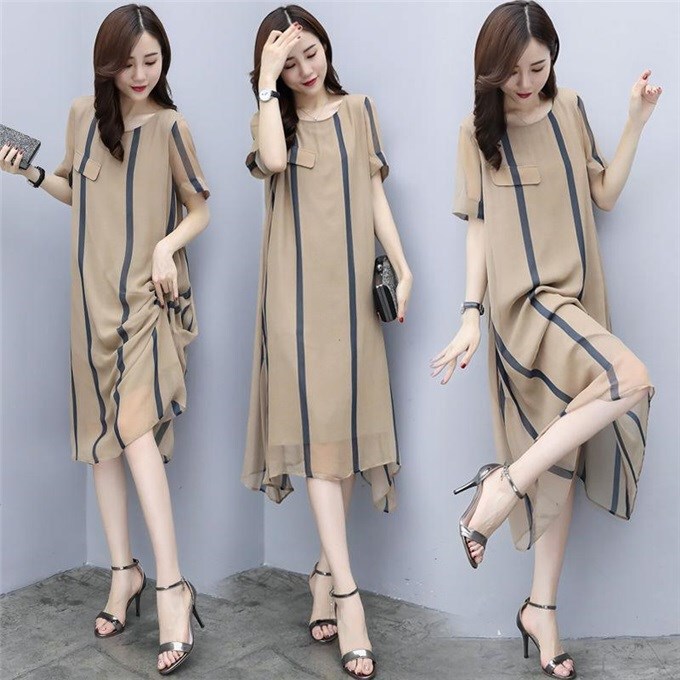 Summer striped dress mom's round neck short sleeve color matching elegant midi dress loose plus size western style bottoming skirt