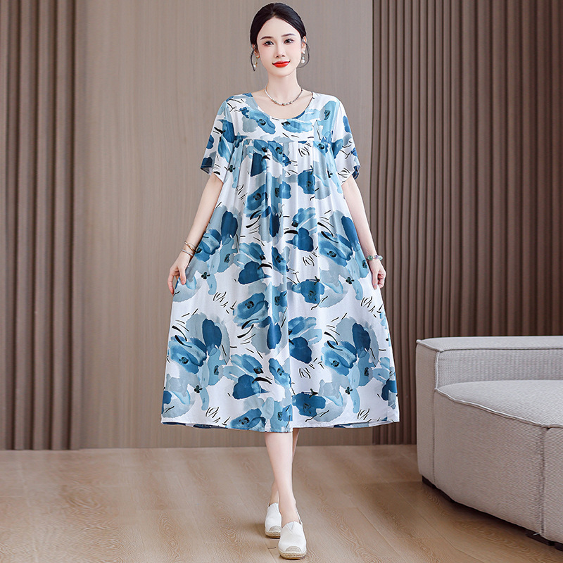 Summer Middle-Aged and Elderly Women's Cotton Silk Dress Plus Fat Large Size Loose Young Mother's Home Clothes Nightgown Can Be Worn Outside