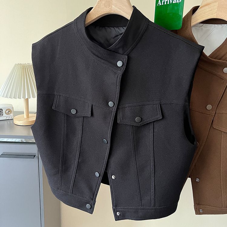 디자인 감각 틈새 수직 칼라 민소매 조끼 여성 최고의 유럽 이른 가을 패션 얇은 조끼 트렌디 한 짧은 재킷