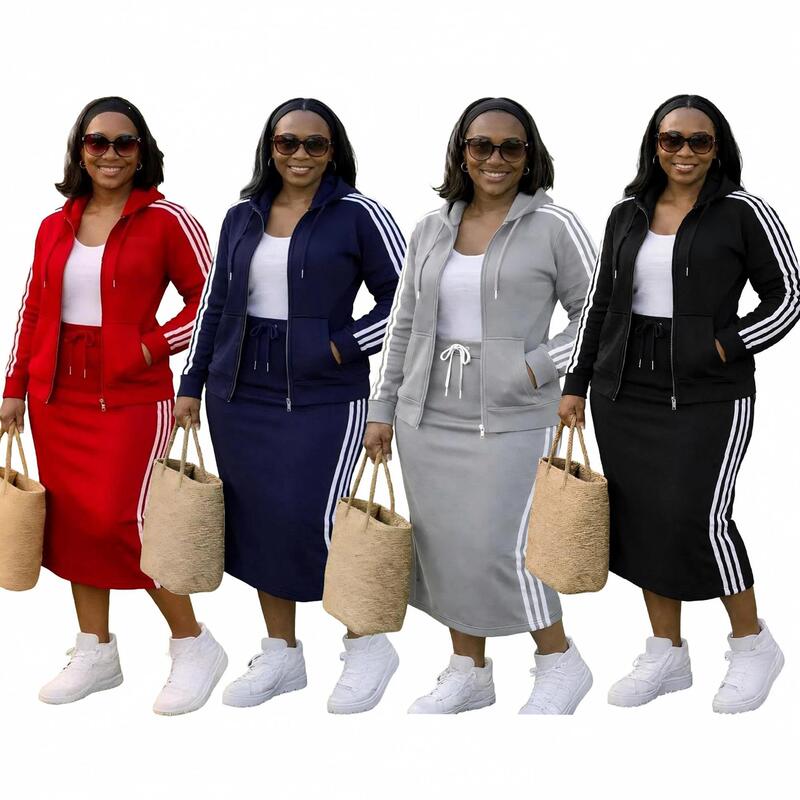 Hooded cardigan and skirt set: zip-up cardigan + drawstring skirt, two-piece outfit, J5364 Hooded cardigan and skirt set: zip-up cardigan + drawstring skirt, two-piece outfit, J5364