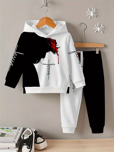 Hooded hooded hoodie set for boys and girls, stylish black and white print, making it comfortable to go out and exercise in spring and autumn