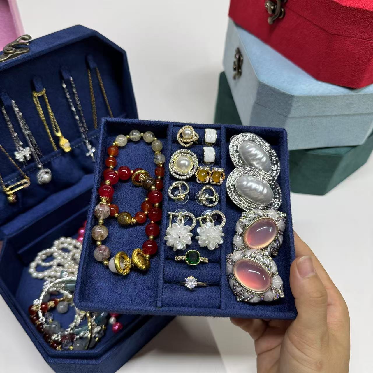 鹿皮绒八角单层首饰饰品收纳盒 首饰珠宝盒 珠宝首饰收纳盒