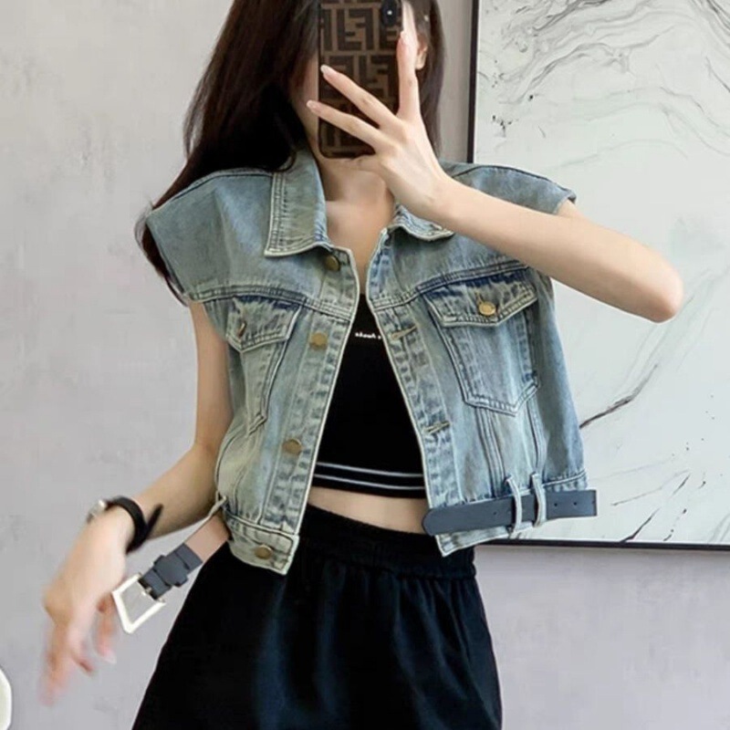 Denim Vest Women's Summer Age-reducing Small Feifei Sleeves Loose Retro Waistcoat Short Coat with No Belt